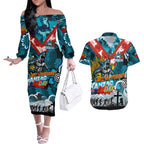 Personalised Sharks ANZAC Day Couples Matching Off The Shoulder Long Sleeve Dress and Hawaiian Shirt Aboriginal Rising Sun