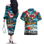 Personalised Sharks ANZAC Day Couples Matching Off The Shoulder Long Sleeve Dress and Hawaiian Shirt Aboriginal Rising Sun