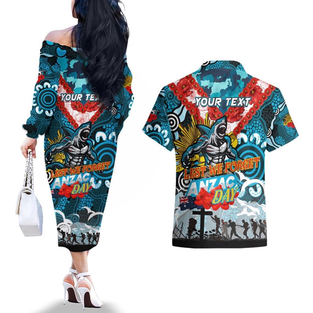Personalised Sharks ANZAC Day Couples Matching Off The Shoulder Long Sleeve Dress and Hawaiian Shirt Aboriginal Rising Sun