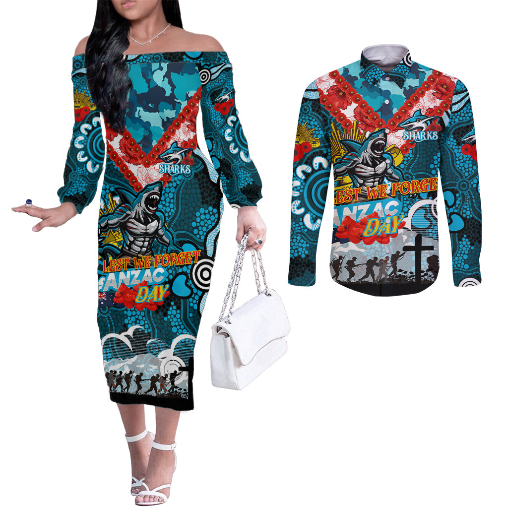 Personalised Sharks ANZAC Day Couples Matching Off The Shoulder Long Sleeve Dress and Long Sleeve Button Shirt Aboriginal Rising Sun