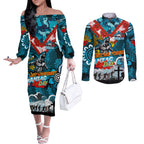 Personalised Sharks ANZAC Day Couples Matching Off The Shoulder Long Sleeve Dress and Long Sleeve Button Shirt Aboriginal Rising Sun