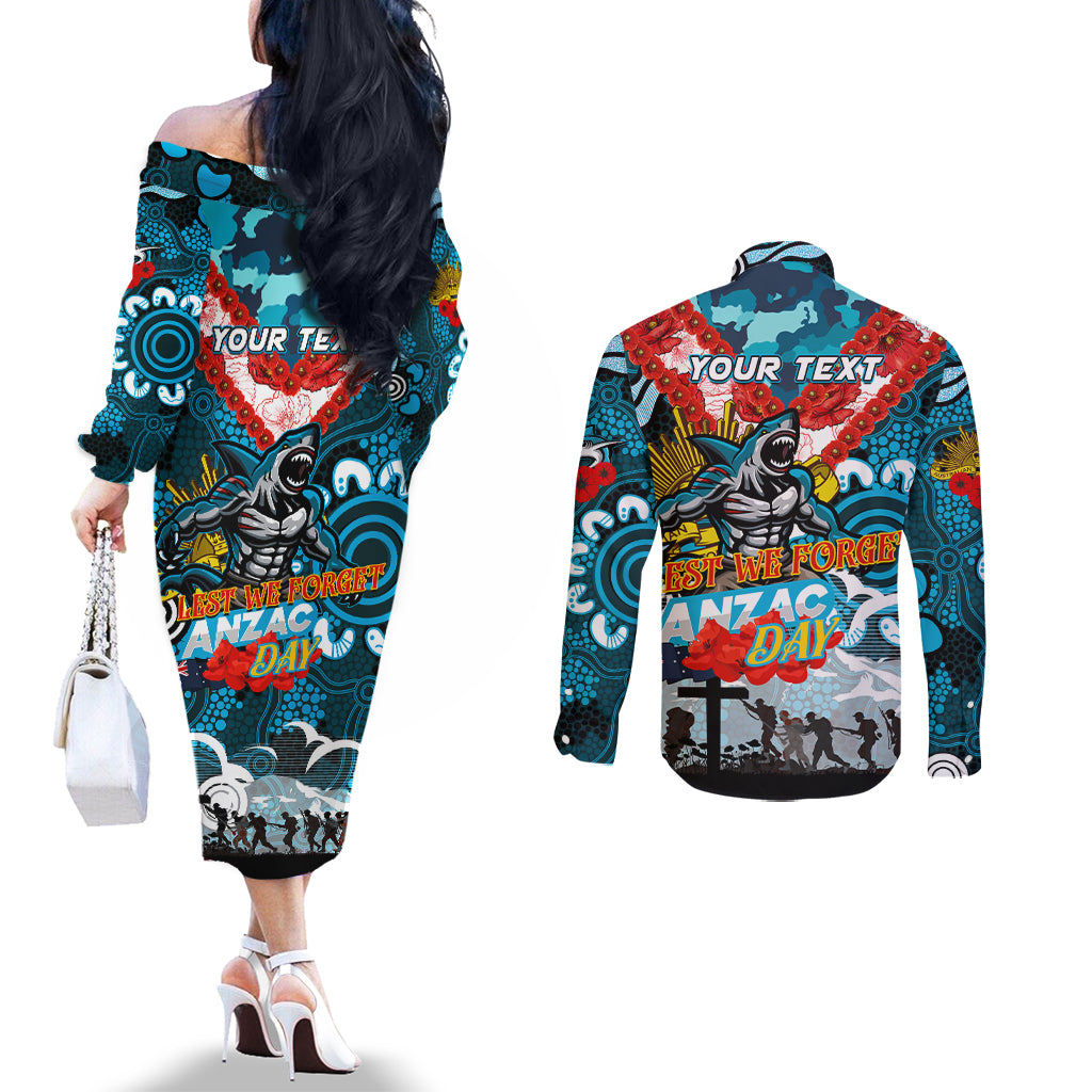 Personalised Sharks ANZAC Day Couples Matching Off The Shoulder Long Sleeve Dress and Long Sleeve Button Shirt Aboriginal Rising Sun
