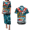 Personalised Sharks ANZAC Day Couples Matching Puletasi and Hawaiian Shirt Aboriginal Rising Sun