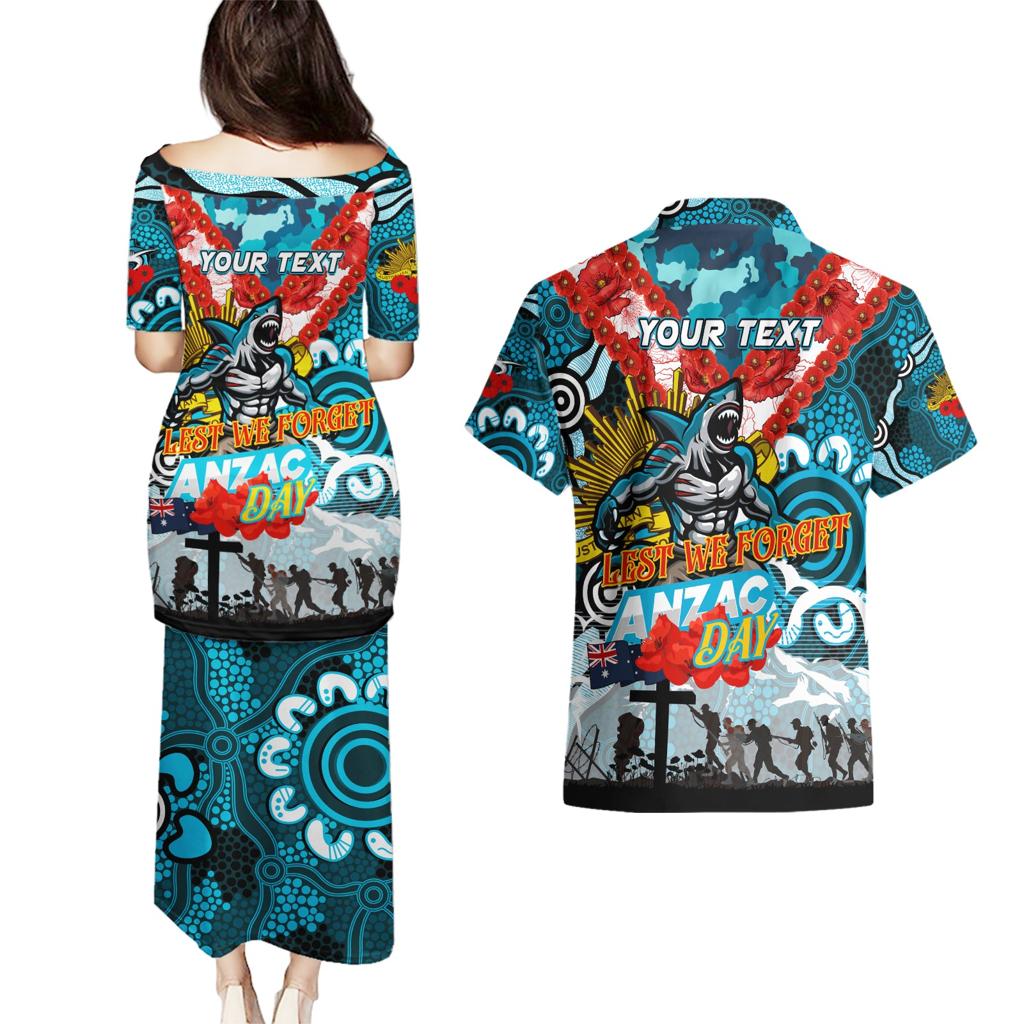 Personalised Sharks ANZAC Day Couples Matching Puletasi and Hawaiian Shirt Aboriginal Rising Sun