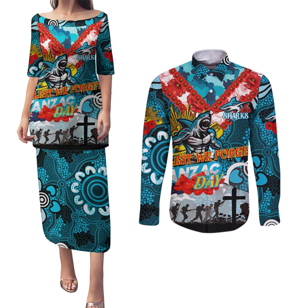 Personalised Sharks ANZAC Day Couples Matching Puletasi and Long Sleeve Button Shirt Aboriginal Rising Sun