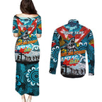 Personalised Sharks ANZAC Day Couples Matching Puletasi and Long Sleeve Button Shirt Aboriginal Rising Sun