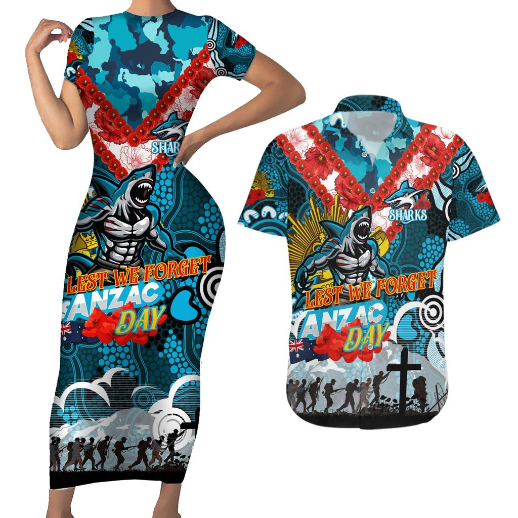 Personalised Sharks ANZAC Day Couples Matching Short Sleeve Bodycon Dress and Hawaiian Shirt Aboriginal Rising Sun