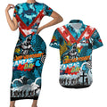 Personalised Sharks ANZAC Day Couples Matching Short Sleeve Bodycon Dress and Hawaiian Shirt Aboriginal Rising Sun