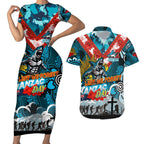 Personalised Sharks ANZAC Day Couples Matching Short Sleeve Bodycon Dress and Hawaiian Shirt Aboriginal Rising Sun