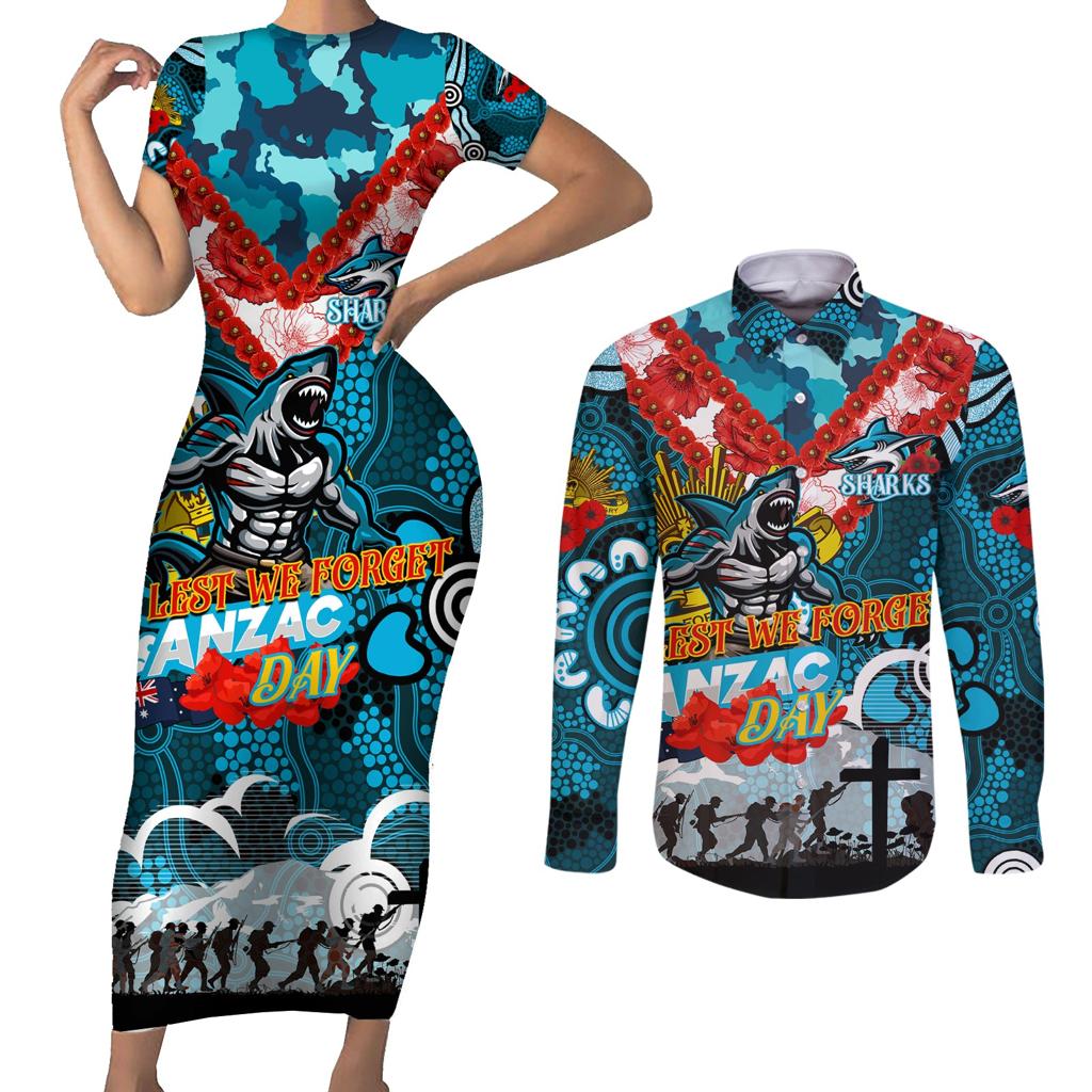 Personalised Sharks ANZAC Day Couples Matching Short Sleeve Bodycon Dress and Long Sleeve Button Shirt Aboriginal Rising Sun