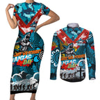 Personalised Sharks ANZAC Day Couples Matching Short Sleeve Bodycon Dress and Long Sleeve Button Shirt Aboriginal Rising Sun