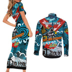 Personalised Sharks ANZAC Day Couples Matching Short Sleeve Bodycon Dress and Long Sleeve Button Shirt Aboriginal Rising Sun