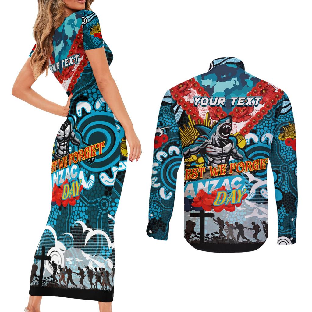 Personalised Sharks ANZAC Day Couples Matching Short Sleeve Bodycon Dress and Long Sleeve Button Shirt Aboriginal Rising Sun