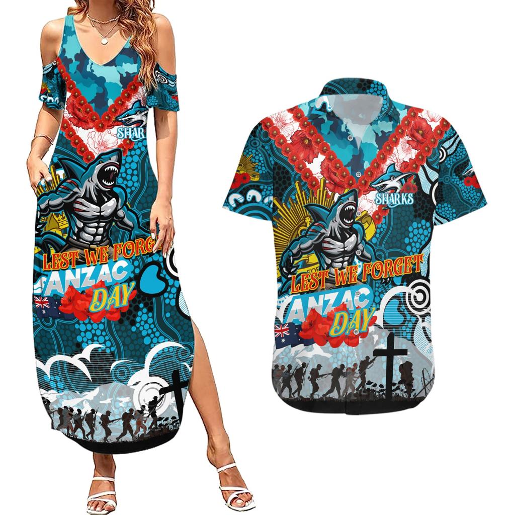 Personalised Sharks ANZAC Day Couples Matching Summer Maxi Dress and Hawaiian Shirt Aboriginal Rising Sun
