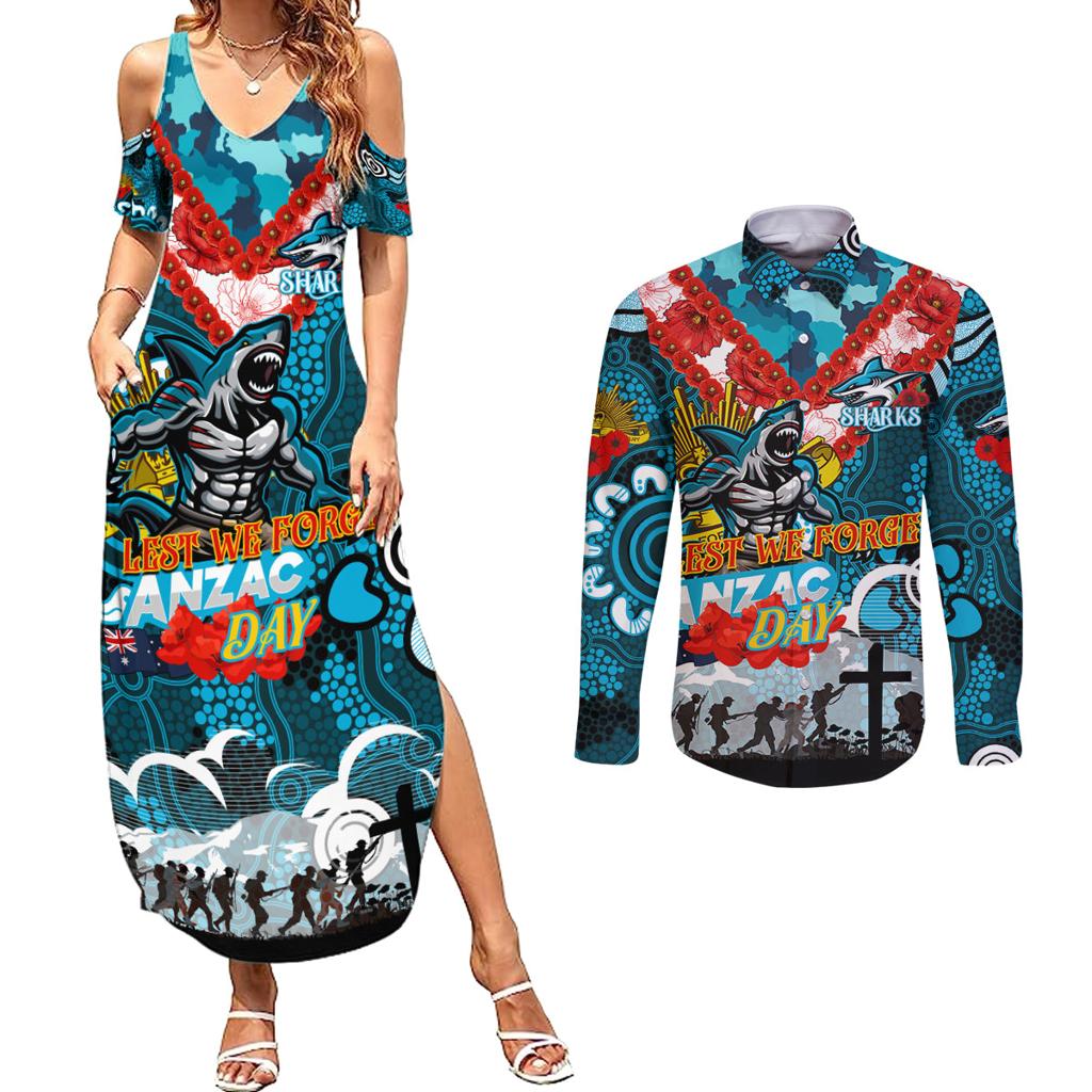 Personalised Sharks ANZAC Day Couples Matching Summer Maxi Dress and Long Sleeve Button Shirt Aboriginal Rising Sun