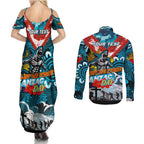 Personalised Sharks ANZAC Day Couples Matching Summer Maxi Dress and Long Sleeve Button Shirt Aboriginal Rising Sun