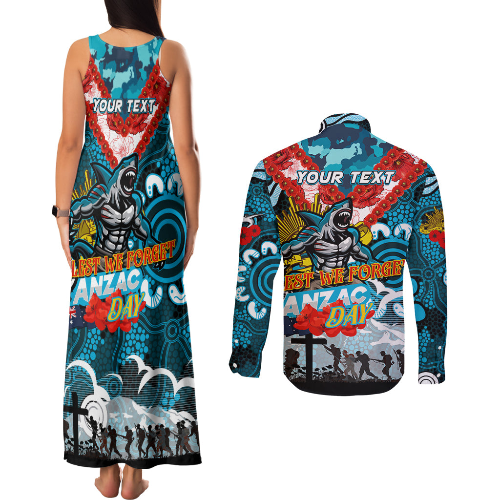 Personalised Sharks ANZAC Day Couples Matching Tank Maxi Dress and Long Sleeve Button Shirt Aboriginal Rising Sun