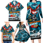 Personalised Sharks ANZAC Day Family Matching Long Sleeve Bodycon Dress and Hawaiian Shirt Aboriginal Rising Sun