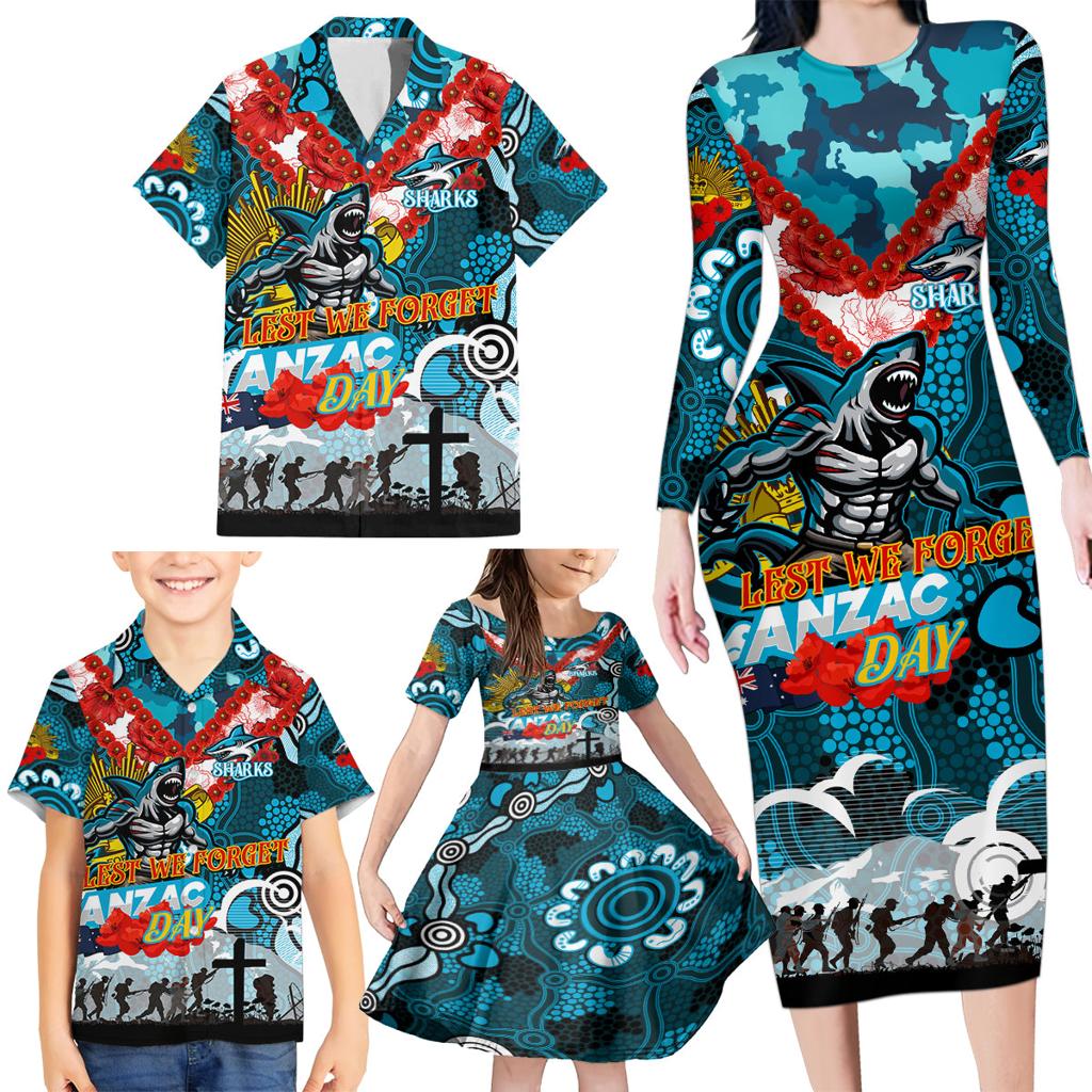 Personalised Sharks ANZAC Day Family Matching Long Sleeve Bodycon Dress and Hawaiian Shirt Aboriginal Rising Sun