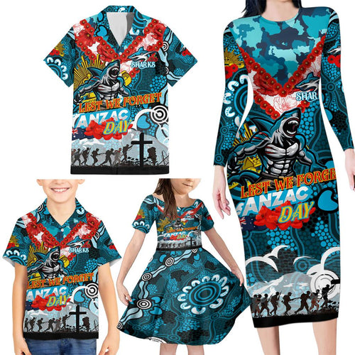Personalised Sharks ANZAC Day Family Matching Long Sleeve Bodycon Dress and Hawaiian Shirt Aboriginal Rising Sun