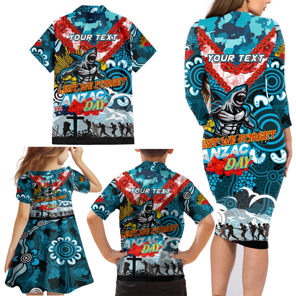 Personalised Sharks ANZAC Day Family Matching Long Sleeve Bodycon Dress and Hawaiian Shirt Aboriginal Rising Sun