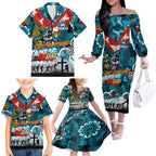 Personalised Sharks ANZAC Day Family Matching Off The Shoulder Long Sleeve Dress and Hawaiian Shirt Aboriginal Rising Sun