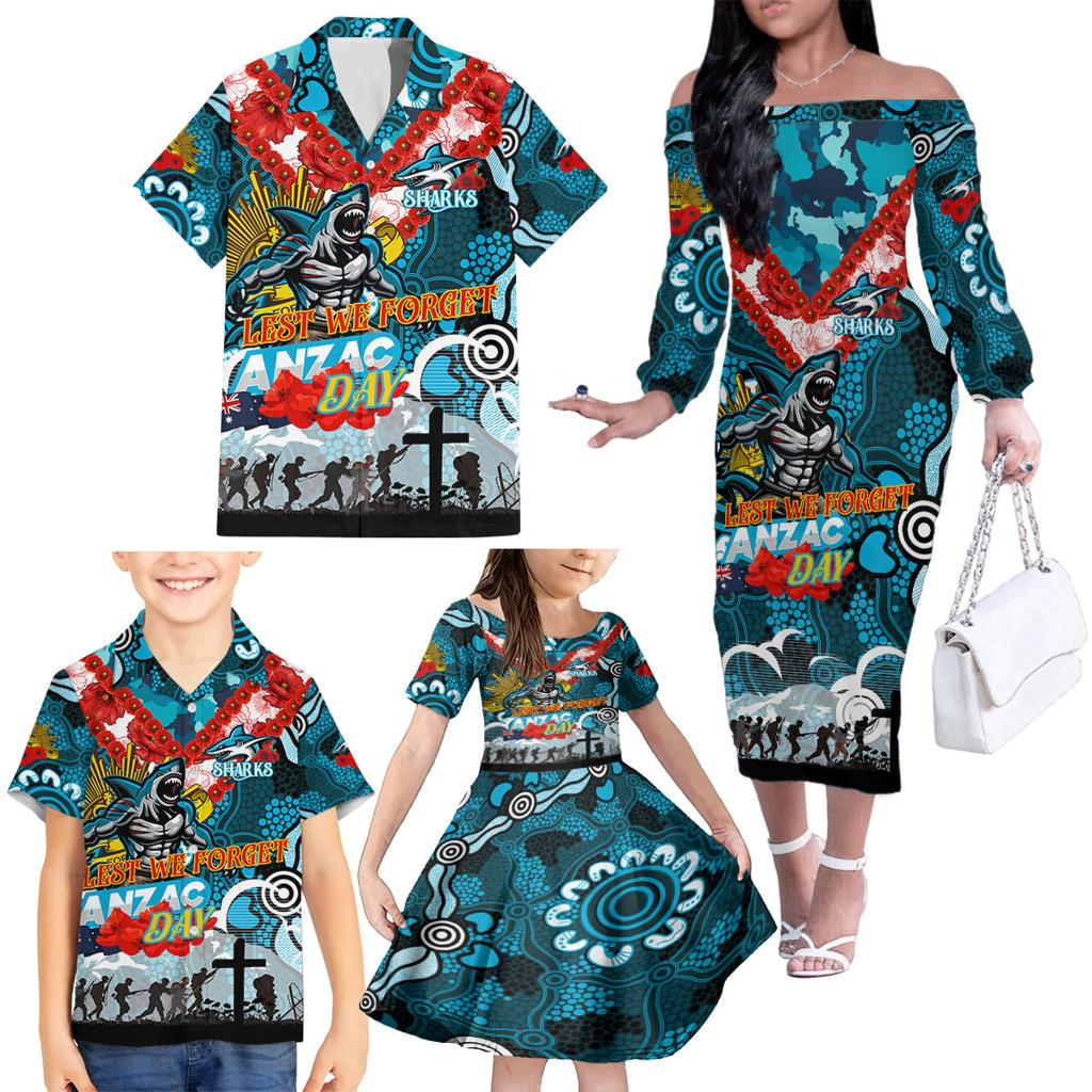 Personalised Sharks ANZAC Day Family Matching Off The Shoulder Long Sleeve Dress and Hawaiian Shirt Aboriginal Rising Sun