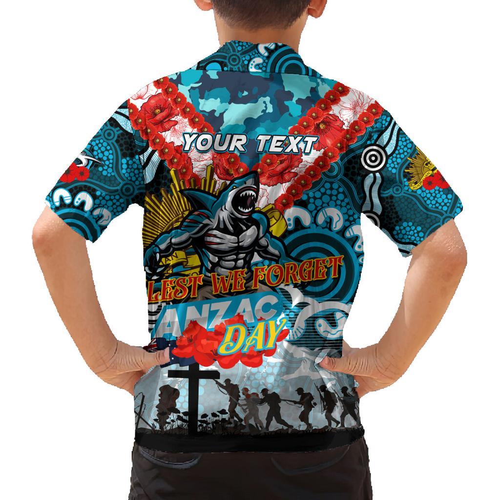 Personalised Sharks ANZAC Day Family Matching Off The Shoulder Long Sleeve Dress and Hawaiian Shirt Aboriginal Rising Sun
