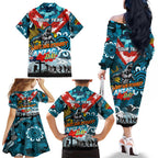 Personalised Sharks ANZAC Day Family Matching Off The Shoulder Long Sleeve Dress and Hawaiian Shirt Aboriginal Rising Sun