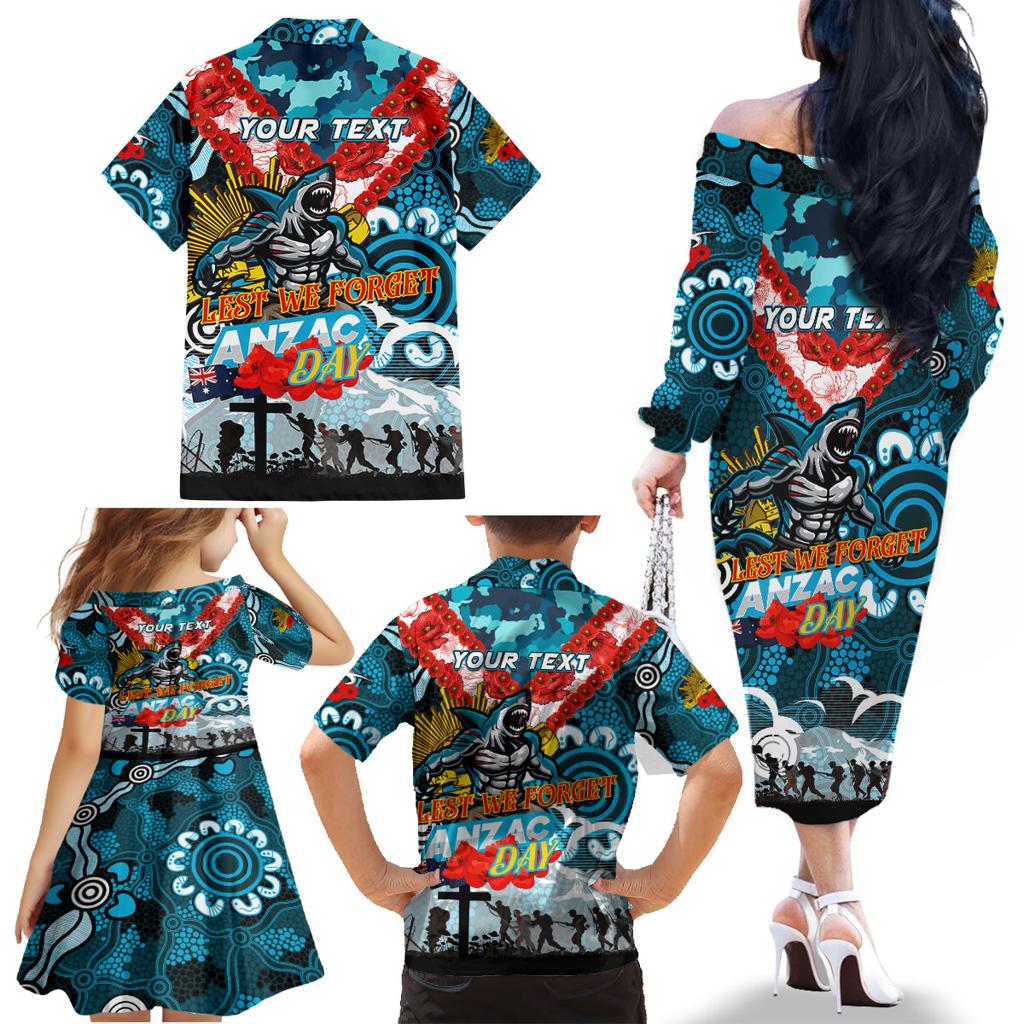 Personalised Sharks ANZAC Day Family Matching Off The Shoulder Long Sleeve Dress and Hawaiian Shirt Aboriginal Rising Sun