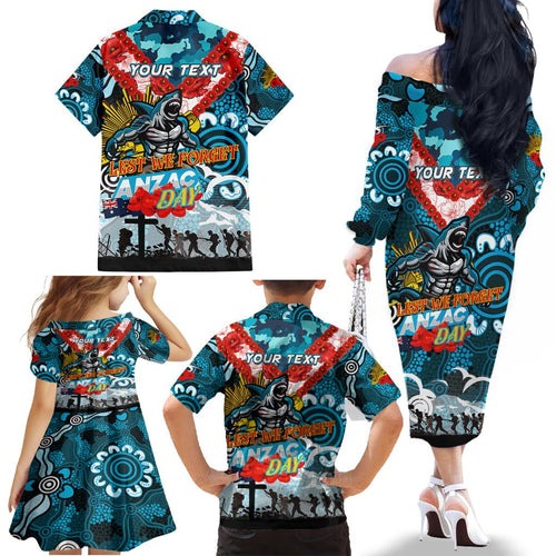Personalised Sharks ANZAC Day Family Matching Off The Shoulder Long Sleeve Dress and Hawaiian Shirt Aboriginal Rising Sun