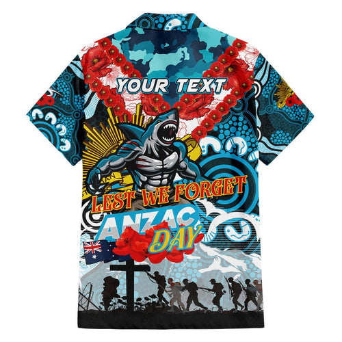 Personalised Sharks ANZAC Day Family Matching Off The Shoulder Long Sleeve Dress and Hawaiian Shirt Aboriginal Rising Sun