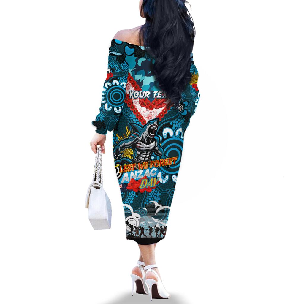 Personalised Sharks ANZAC Day Family Matching Off The Shoulder Long Sleeve Dress and Hawaiian Shirt Aboriginal Rising Sun