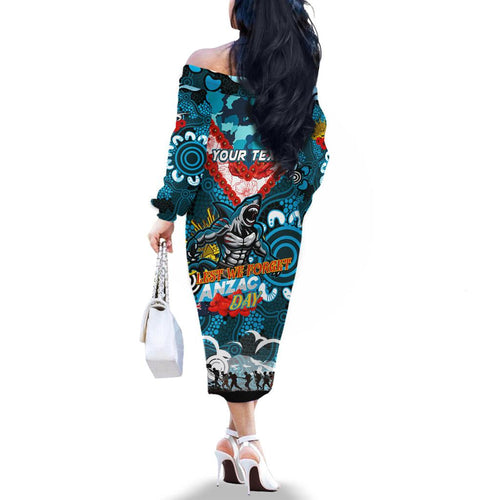 Personalised Sharks ANZAC Day Family Matching Off The Shoulder Long Sleeve Dress and Hawaiian Shirt Aboriginal Rising Sun