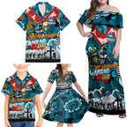 Personalised Sharks ANZAC Day Family Matching Off Shoulder Maxi Dress and Hawaiian Shirt Aboriginal Rising Sun