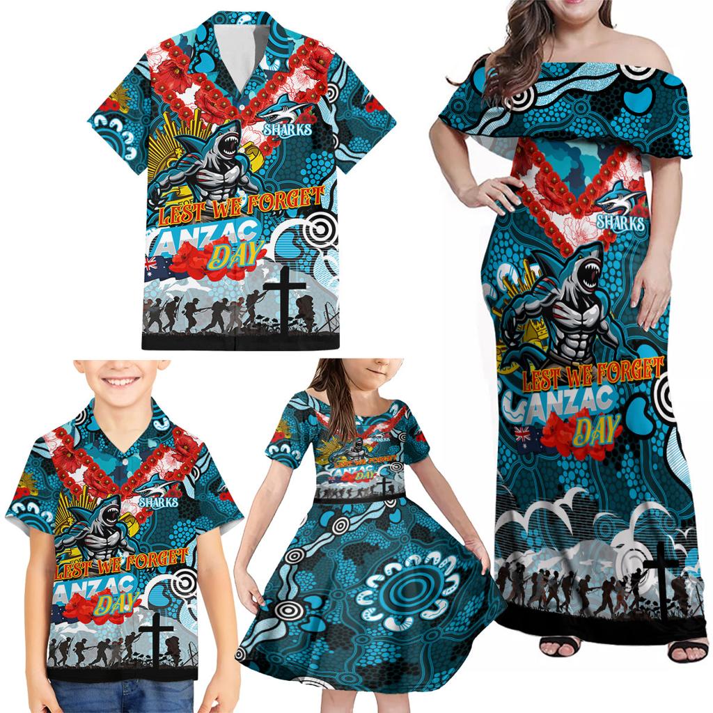 Personalised Sharks ANZAC Day Family Matching Off Shoulder Maxi Dress and Hawaiian Shirt Aboriginal Rising Sun