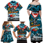 Personalised Sharks ANZAC Day Family Matching Off Shoulder Maxi Dress and Hawaiian Shirt Aboriginal Rising Sun