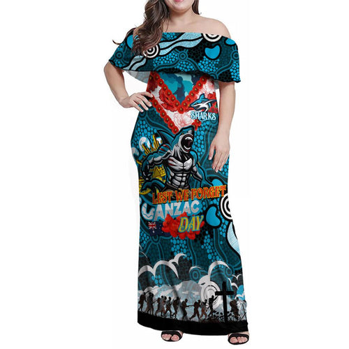 Personalised Sharks ANZAC Day Family Matching Off Shoulder Maxi Dress and Hawaiian Shirt Aboriginal Rising Sun