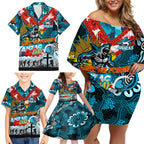 Personalised Sharks ANZAC Day Family Matching Off Shoulder Short Dress and Hawaiian Shirt Aboriginal Rising Sun