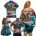 Personalised Sharks ANZAC Day Family Matching Off Shoulder Short Dress and Hawaiian Shirt Aboriginal Rising Sun