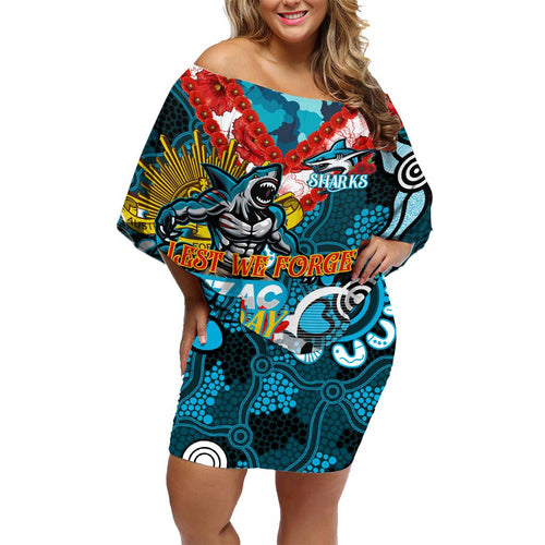 Personalised Sharks ANZAC Day Family Matching Off Shoulder Short Dress and Hawaiian Shirt Aboriginal Rising Sun