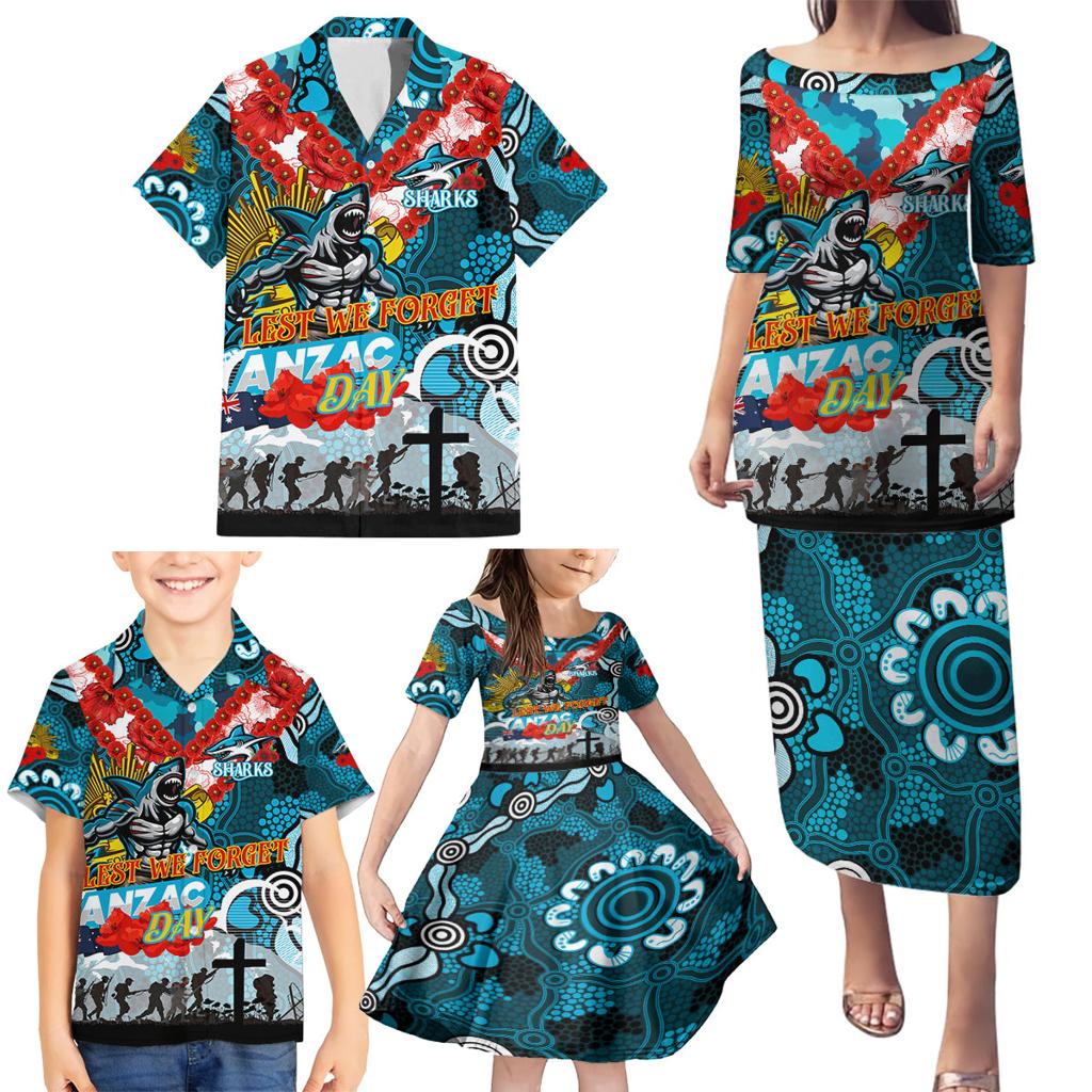 Personalised Sharks ANZAC Day Family Matching Puletasi and Hawaiian Shirt Aboriginal Rising Sun