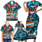 Personalised Sharks ANZAC Day Family Matching Short Sleeve Bodycon Dress and Hawaiian Shirt Aboriginal Rising Sun