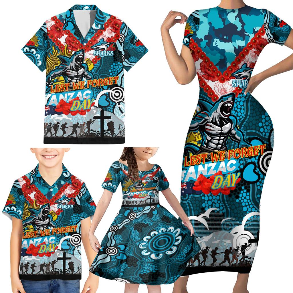 Personalised Sharks ANZAC Day Family Matching Short Sleeve Bodycon Dress and Hawaiian Shirt Aboriginal Rising Sun
