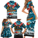 Personalised Sharks ANZAC Day Family Matching Short Sleeve Bodycon Dress and Hawaiian Shirt Aboriginal Rising Sun