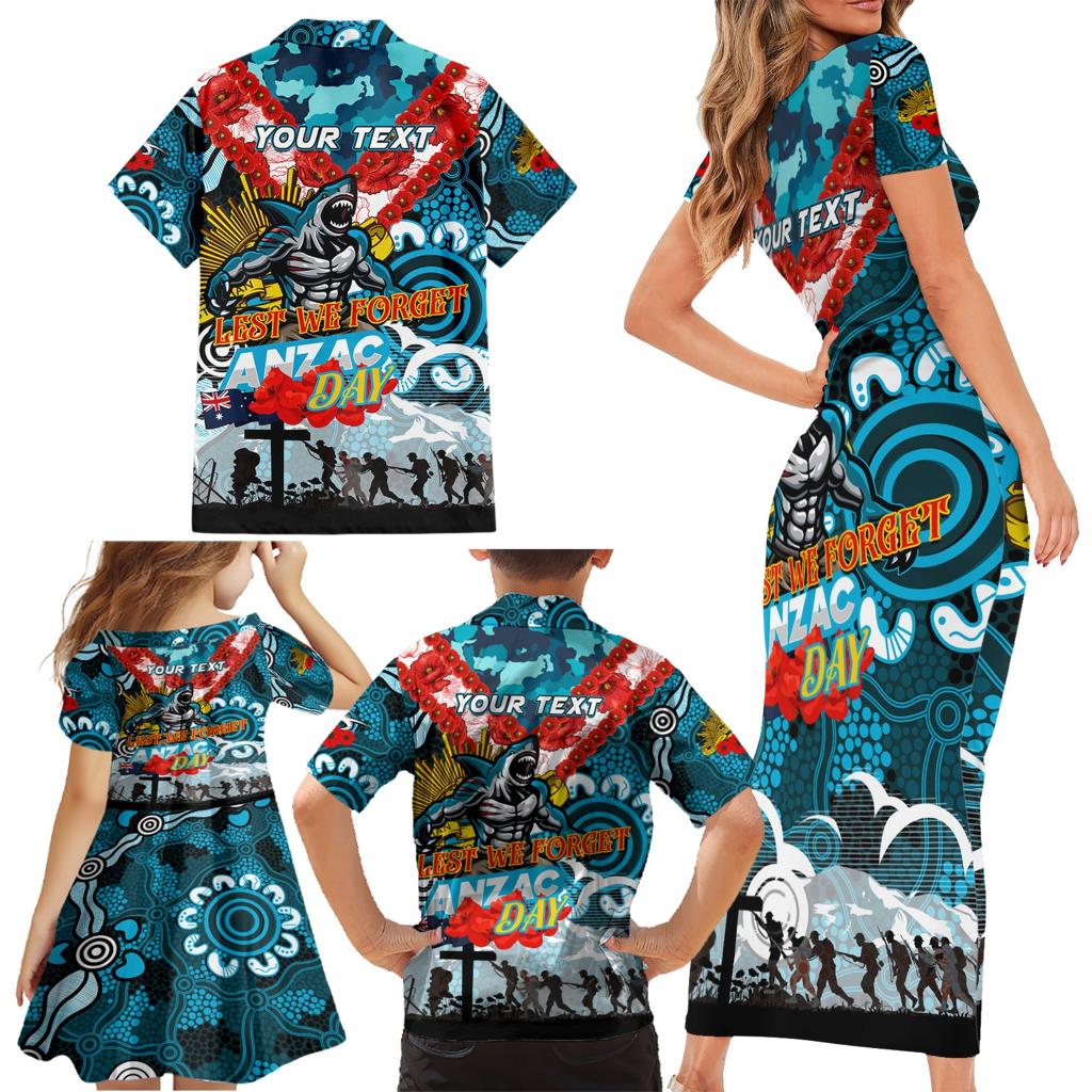 Personalised Sharks ANZAC Day Family Matching Short Sleeve Bodycon Dress and Hawaiian Shirt Aboriginal Rising Sun