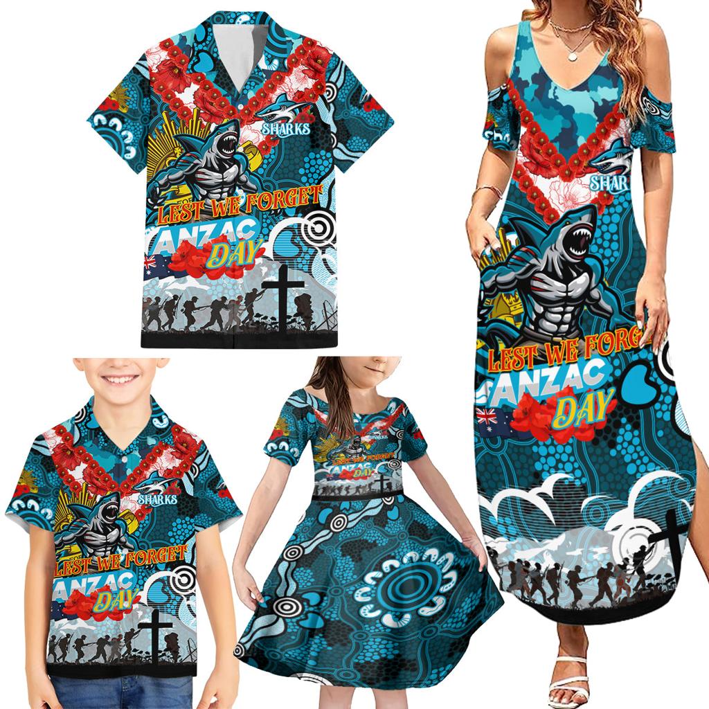 Personalised Sharks ANZAC Day Family Matching Summer Maxi Dress and Hawaiian Shirt Aboriginal Rising Sun