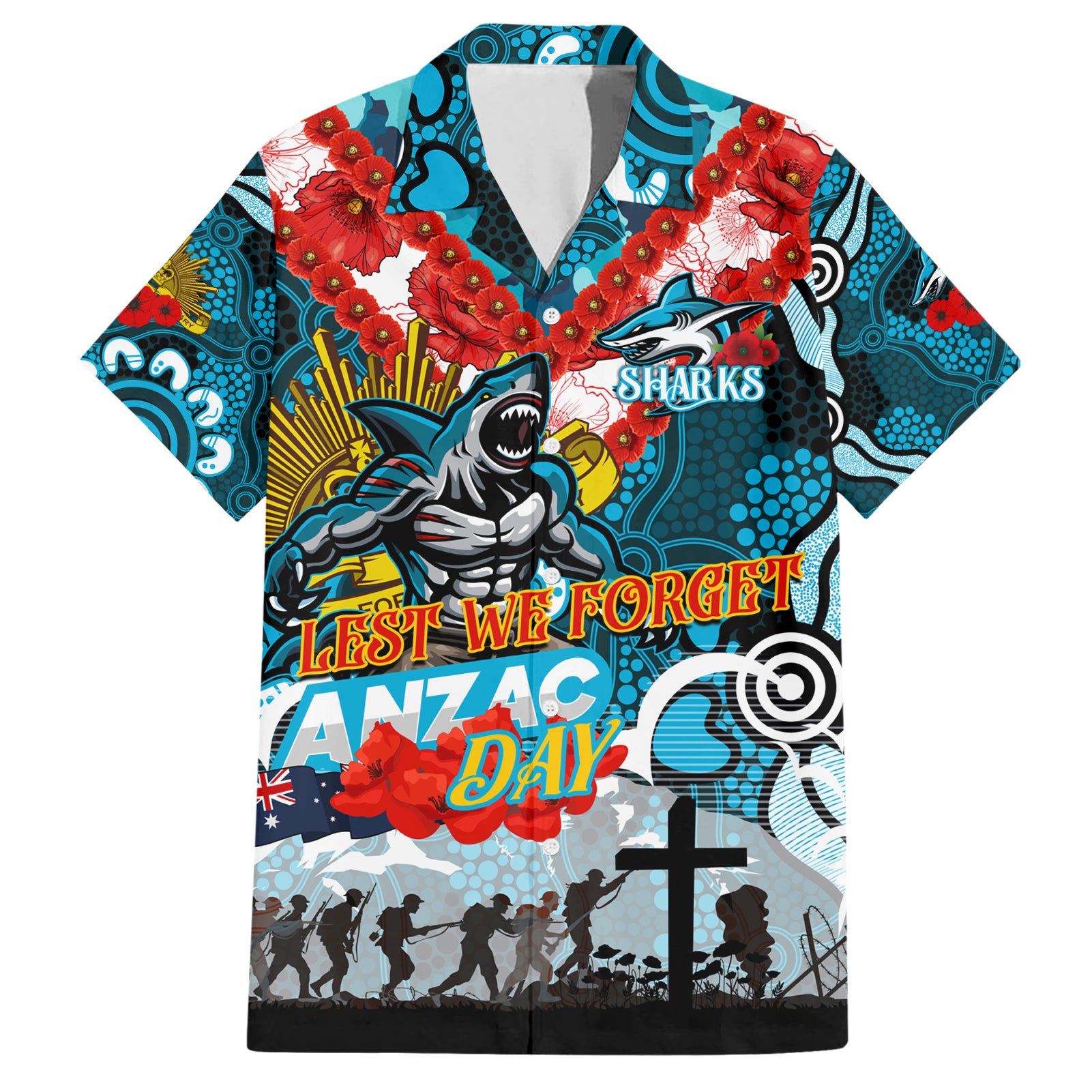 Personalised Sharks ANZAC Day Hawaiian Shirt Aboriginal Rising Sun