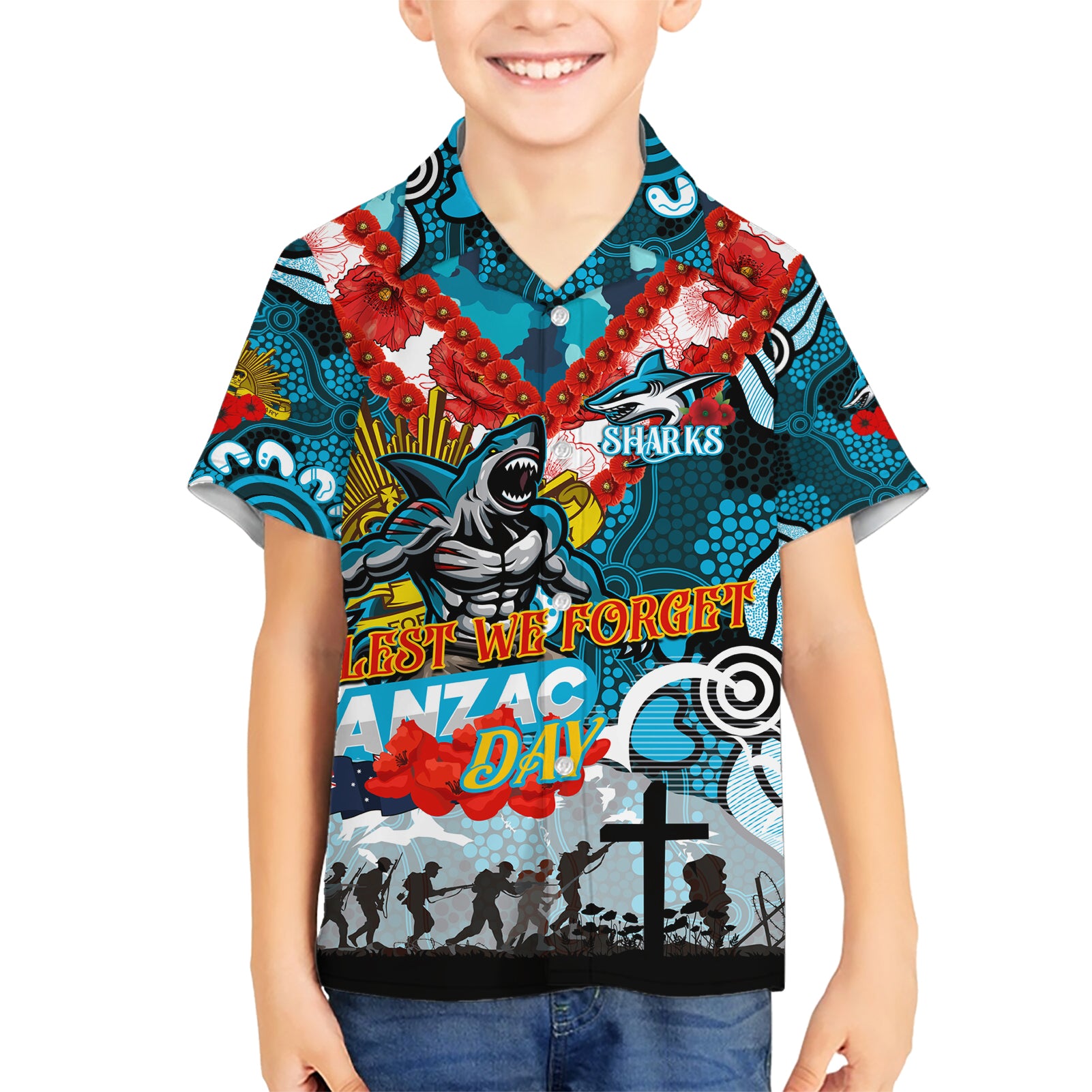 Personalised Sharks ANZAC Day Hawaiian Shirt Aboriginal Rising Sun