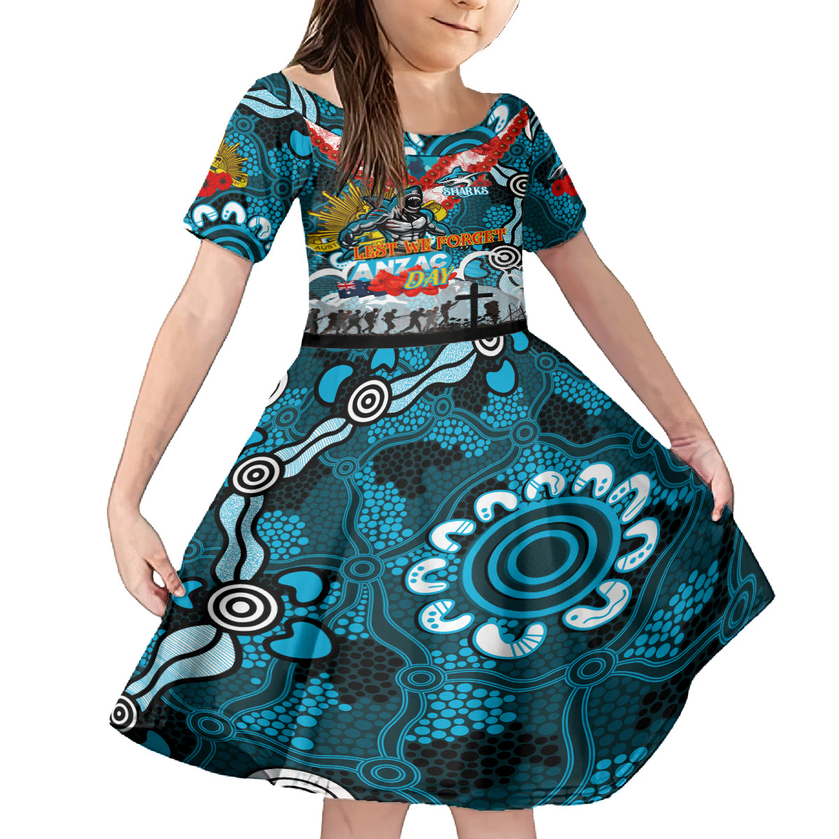 Personalised Sharks ANZAC Day Kid Short Sleeve Dress Aboriginal Rising Sun
